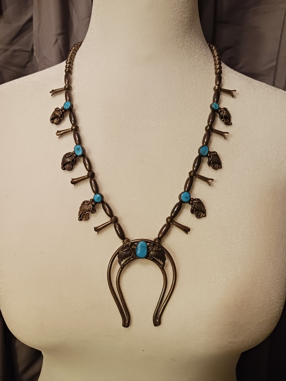Squash Blossom Authentic Vintage Sterling Silver Native American Necklace Bell